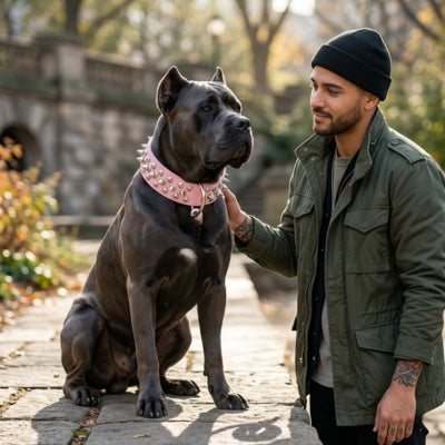 Un Cane Corso gris assis avec son propriétaire porte un collier chien clouté rose.