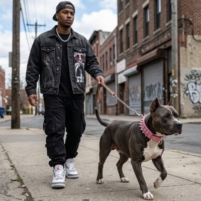 Pitbull gris marchant en ville avec un collier chien clouté rose et son maître en jogging.