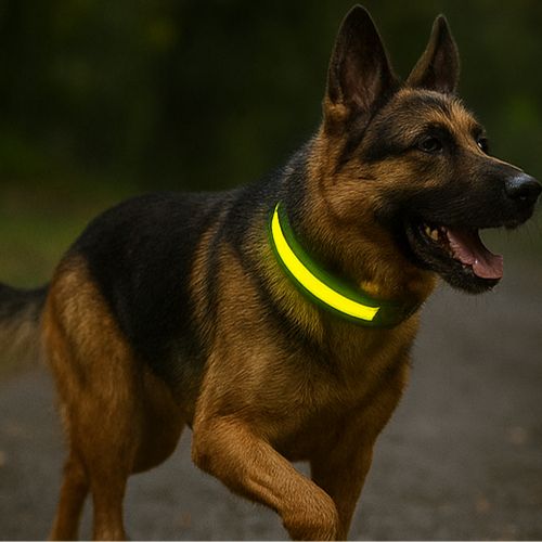 Un labrador noir porte son collier chien lumineux jaune visible se promenant dans la rue en ville la nuit.