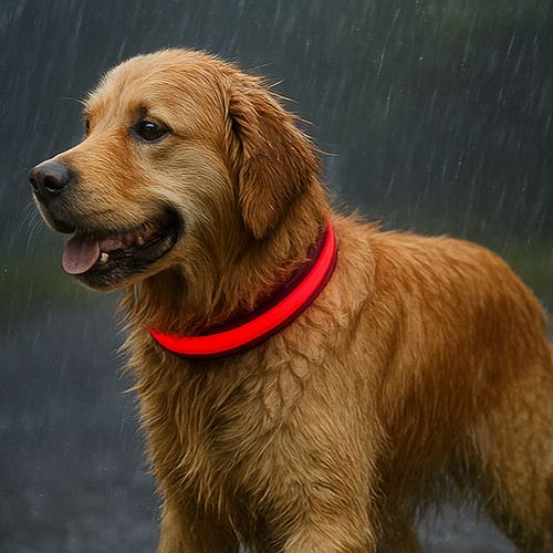Un golden retriever porte un collier chien lumineux rouge visible se promenant sous la pluie dans un environnement urbain.
