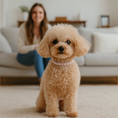 Caniche beige portant un collier rose avec perles et strass en cristal, assis dans un salon lumineux devant son maître.