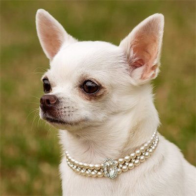 Chiot chihuahua blanc portant un collier chiot de perle et strass en cristal élégant.