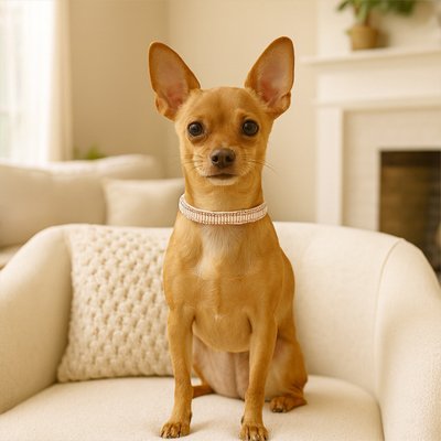 Chihuahua portant un collier chiot perle et strass en cristal, accessoire élégant et raffiné pour petit chien.