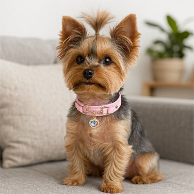 Yorkshire portant un collier chiot rose en cuir perle avec strass cristal et pendentif cœur doré, assise au salon sur le canapé.