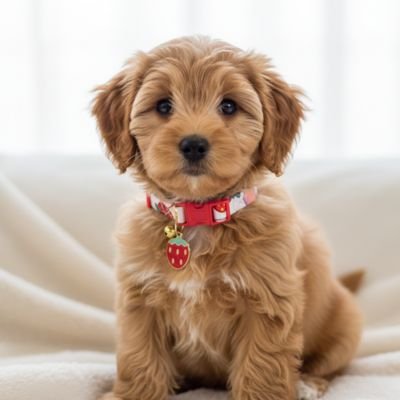 Joli chiot Cockapoo avec un collier pour chiot en coton à motif fraise et pendentif assorti. Chien Mignon assise sur un lit.