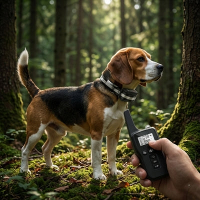 Beagle en forêt avec un collier de dressage noir, écran de télécommande affichant 0.98.