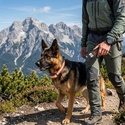 Berger Allemand avec collier de dressage orange en montagne, écran LCD indiquant 0.98.
