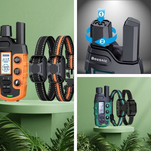 Colliers de dressage chien orange/noir et vert/noir, et gros plan sur la fixation rotative de l'antenne de la télécommande.