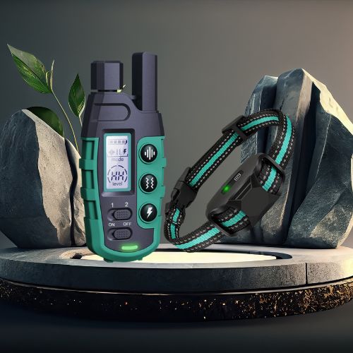 Ensemble collier de dressage chien vert sarcelle et noir sur présentoir de studio. La télécommande affiche l'état de la batterie et le niveau de stimulation.