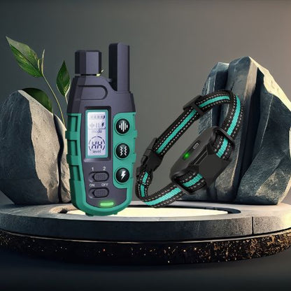 Ensemble collier de dressage chien vert sarcelle et noir sur présentoir de studio. La télécommande affiche l'état de la batterie et le niveau de stimulation.