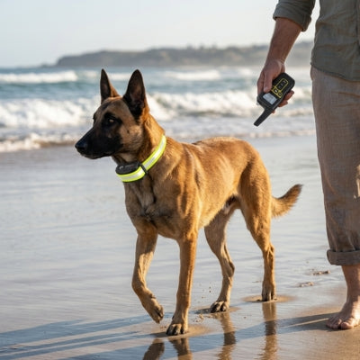 Malinois sur la plage avec un collier de dressage jaune, boîtier de contrôle affichant 0.98.
