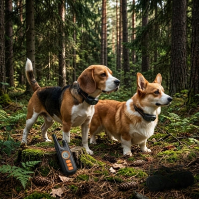 Collier de dressage pour chien sur un Beagle et un Corgi en forêt. Écran affichant 9 et 100.