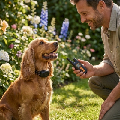 Homme souriant avec un Cocker Spaniel portant un collier de dressage pour chien dans un jardin.