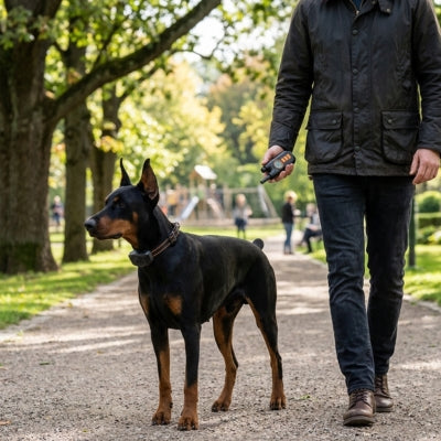 Dobermann marchant dans un parc avec son collier de dressage pour chien. Maître à ses côtés.