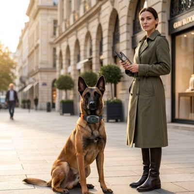 Femme tenant la télécommande et collier de dressage pour chien sur un Malinois assis en ville.