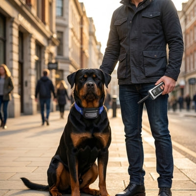 Rottweiler assis en ville avec son maître tenant une télécommande et un collier de dressage pour chien.