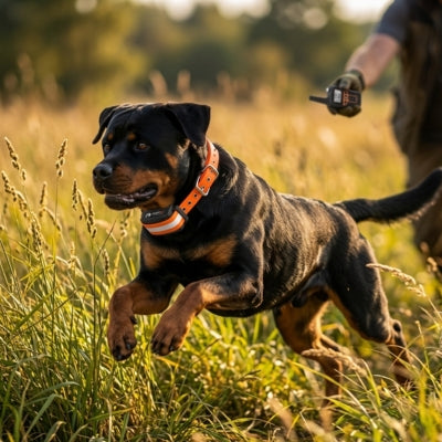 Rottweiler courant avec un collier de dressage orange, télécommande au second plan.