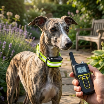 Whippet au jardin avec un collier de dressage jaune, télécommande tenue affichant 0.98.