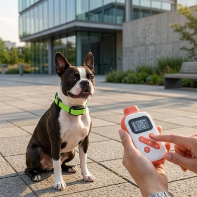 Boston Terrier assis avec collier de dressage pour petit chien vert ; écran affiche 098 098.