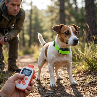 Jack Russell en forêt avec collier de dressage pour petit chien vert fluo et télécommande.