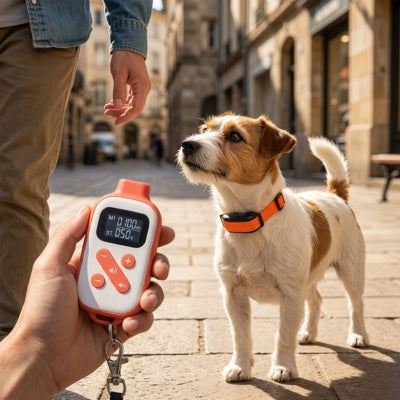 Jack Russell en ville avec collier de dressage pour petit chien ; écran 0100m et 050v.