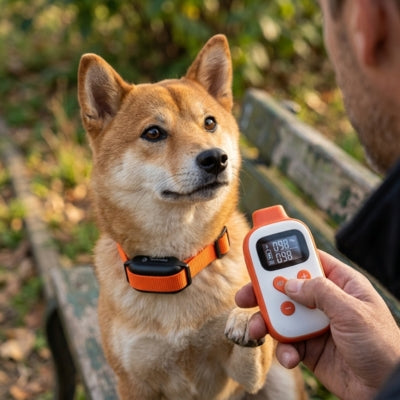 Shiba Inu portant un collier de dressage pour petit chien orange ; écran affiche 098 098.
