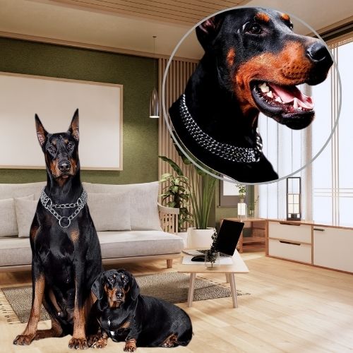 Un Dobermann portant un collier etrangleur chien assis à côté d'un Teckel (Dachshund) dans un salon moderne.