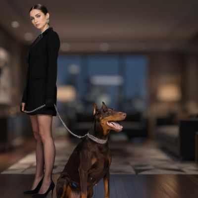 Femme élégante avec un grand Dobermann portant un collier etrangleur chien au salon, à mailles en métal chromé. Vues rapprochées du collier.