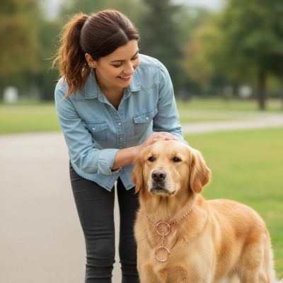 Femme souriante caressant un Golden Retriever roux/doré portant un collier etrangleur chien rose doré, en promenade dans un parc.