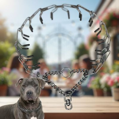 Collier etrangleur chien noir mat à pointes pour éducation. En arrière-plan, un chien type Pitbull porte le produit en terrasse.