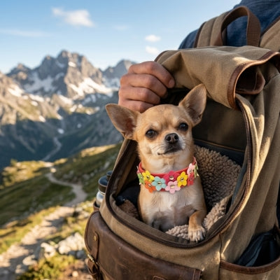 Petit Chihuahua dans un sac à dos de randonnée avec un collier fantaisie chien à fleurs.