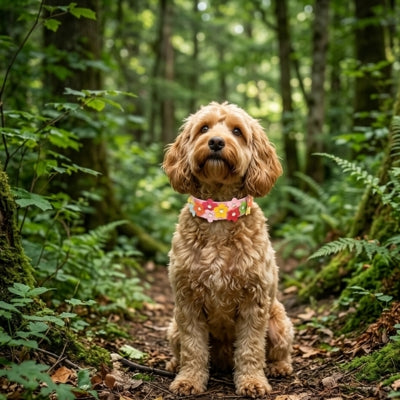 Chien de type Cockapoo assis en forêt portant un collier fantaisie chien à fleurs roses.