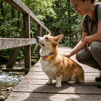 Chien Corgi sur un pont en bois portant un collier fantaisie chien aux fleurs colorées.