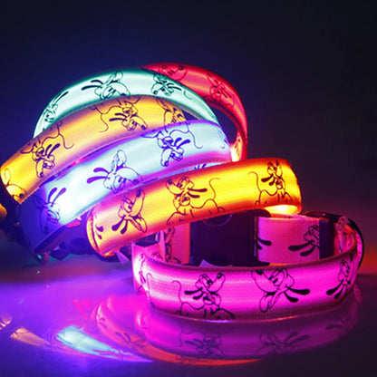 Colliers lumineux pour chien multicolores avec motifs de chiots, parfaits pour les promenades de nuit en toute sécurité.