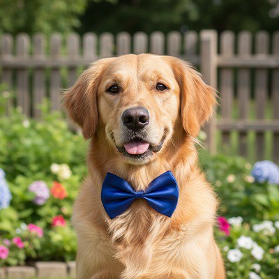 chien-bleu-golden-retriever.jpg	Golden Retriever portant un collier noeud papillon pour chien bleu dans un jardin.