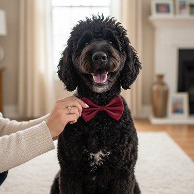 Caniche noir recevant son collier noeud papillon pour chien de couleur bordeaux.