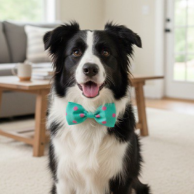 Border Collie noir et blanc portant un collier noeud papillon pour chien vert d'eau à pois roses.
