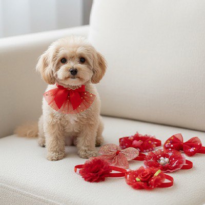 Petit Caniche sur un canapé portant un collier noeud papillon pour chien rouge à pois dorés.