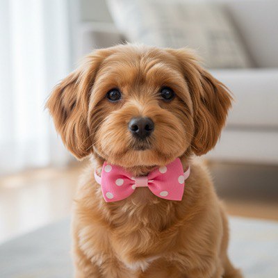 Chiot Cavapoo marron portant un collier noeud papillon pour chien rose à pois blancs.