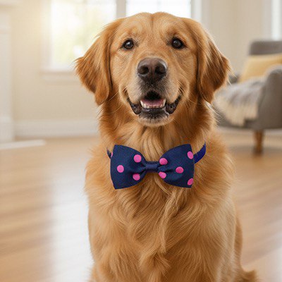 Golden Retriever avec un collier noeud papillon pour chien bleu marine à pois roses en intérieur.