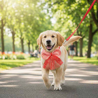 Chiot Golden Retriever en laisse avec un grand collier noeud papillon pour chien rouge brillant.