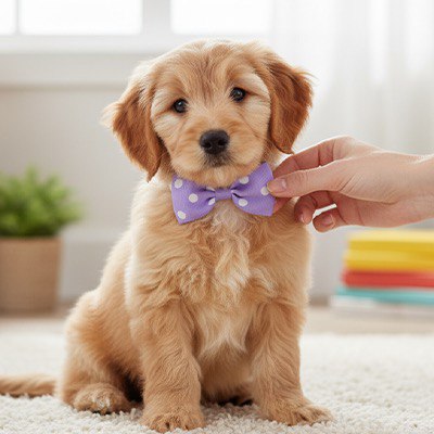 Chiot Goldendoodle beige avec un collier noeud papillon pour chien violet à pois blancs.