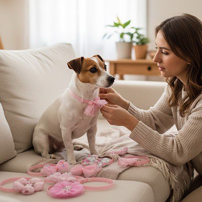 Femme ajustant un collier noeud papillon pour chien rose sur un Jack Russell Terrier.