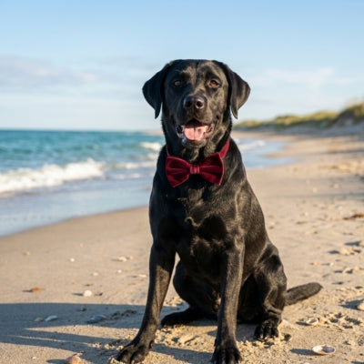 Labrador noir avec collier noeud papillon pour chien bordeaux sur une plage.