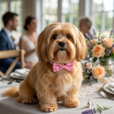 Lhassa Apso beige avec un collier noeud papillon pour chien rose à pois blancs lors d'un mariage.