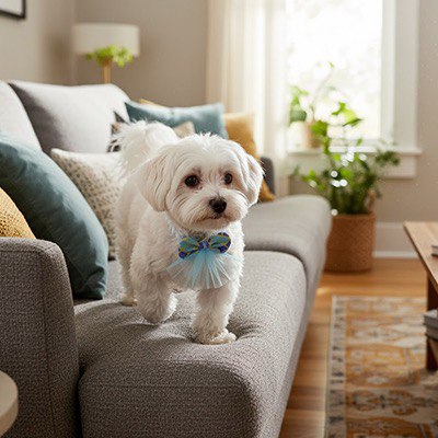 Bichon maltais marchant sur un canapé avec un collier noeud papillon pour chien bleu en tulle.