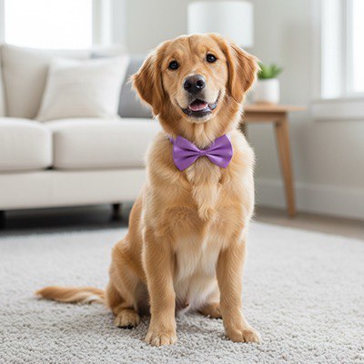 Jeune Golden Retriever assis portant un collier noeud papillon pour chien violet en salon.