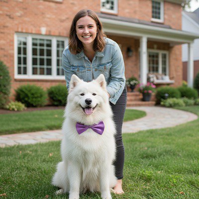 Chien Samoyède avec un collier noeud papillon pour chien violet devant une maison.