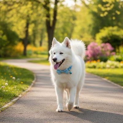 Chien Samoyède blanc marchant dans un parc avec un collier pour chien noeud papillon bleu.