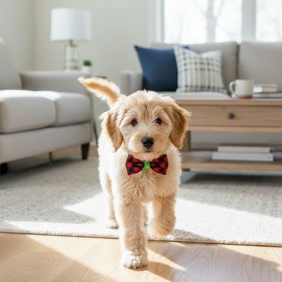 Chiot Goldendoodle marchant dans un salon avec un collier pour chien noeud papillon à carreaux rouges.